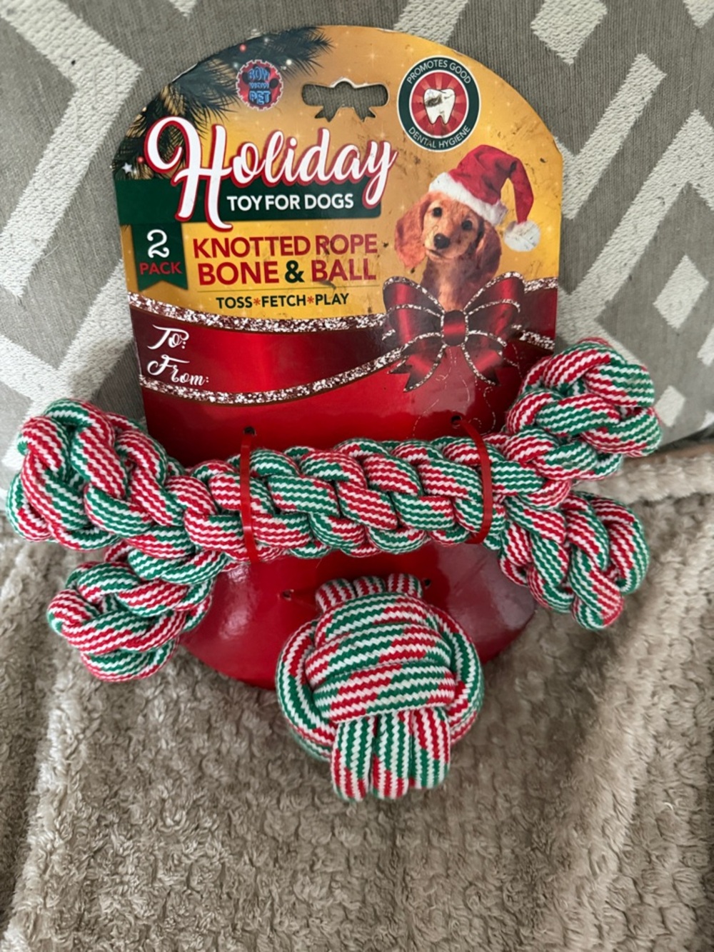 Knotted Rope Bone & Ball Dog Toy - Red/Green/White